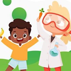 Two children holding food. One a banana and the other wearing a lab coat examining a carrot.