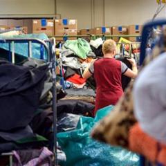 employee sorting through clothing donations