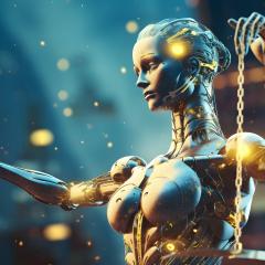 AI woman holding justice scales